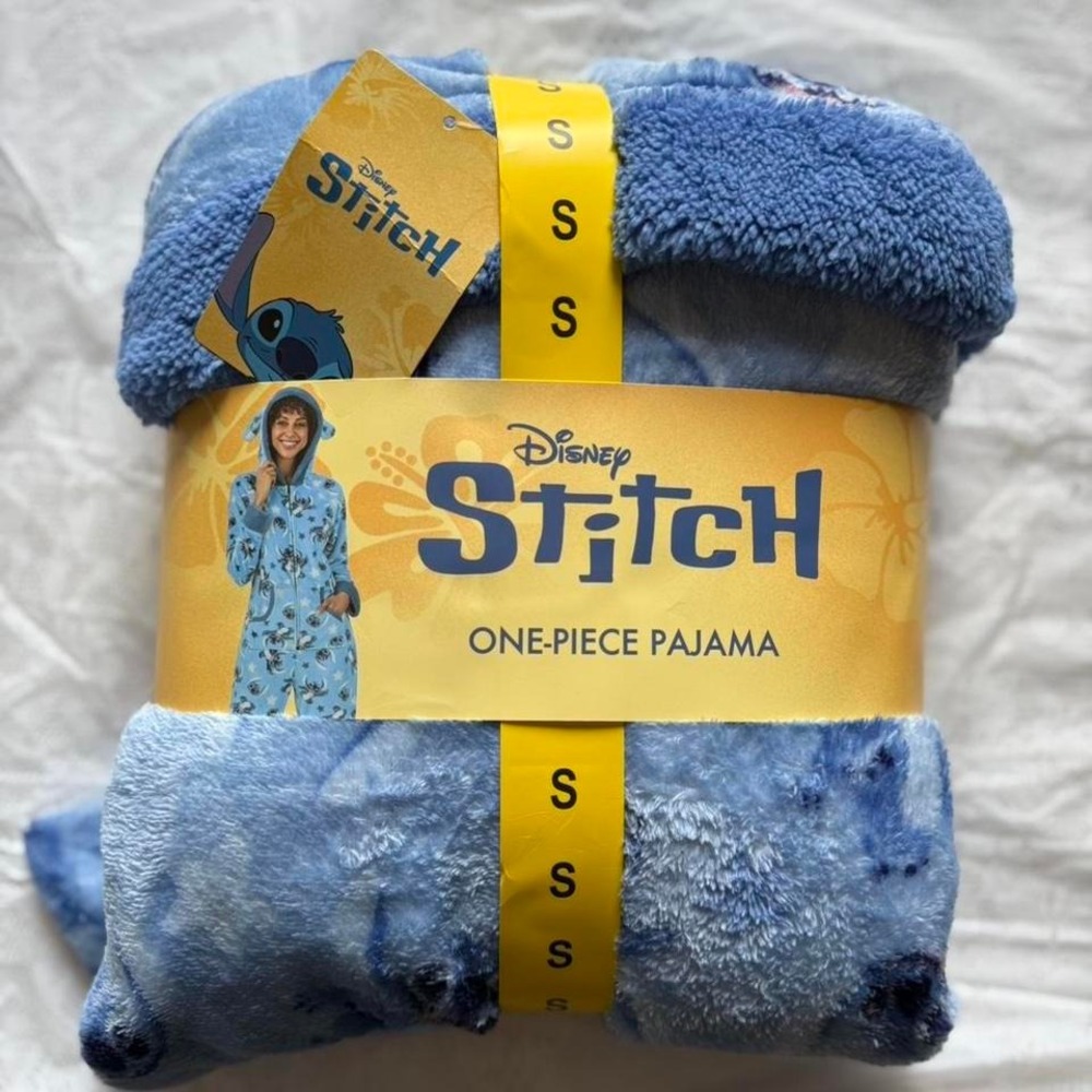 Disney Stitch Womens One-Piece‎ Pajama Union Suit Blue Fleece Hooded NWT Small